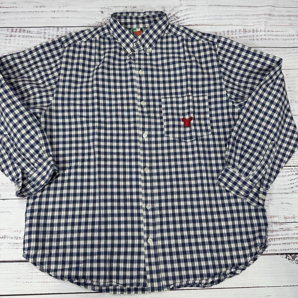 VTG Mickey Unlimited Blue Plaid Button Up LS Shirt Med Mickey Embroidered Pocket - Picture 2 of 7